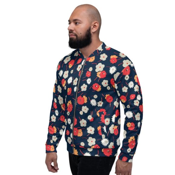 White, gray, pink and red flowers pattern  Unisex Bomber Jacket - Picture 5 of 10